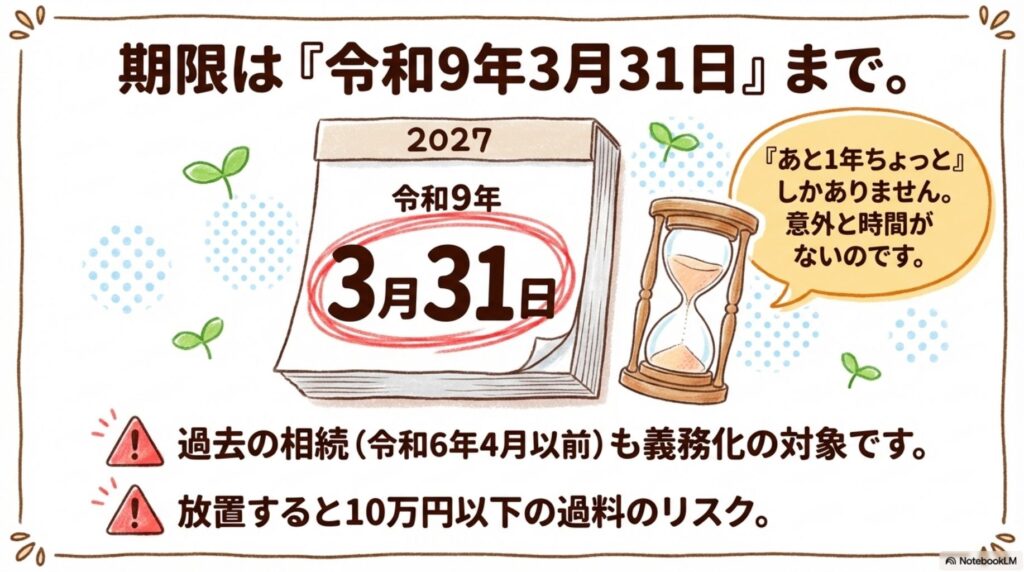 期限は令和9年3月31日までであることを強調する図解。2027年令和9年3月31日のカレンダーと砂時計のイラストで、あと1年ちょっとしかなく意外と時間がないことを警告。過去の相続(令和6年4月以前)も義務化の対象で、放置すると10万円以下の過料のリスクがあることを示す稲沢市の相続登記期限ガイド。