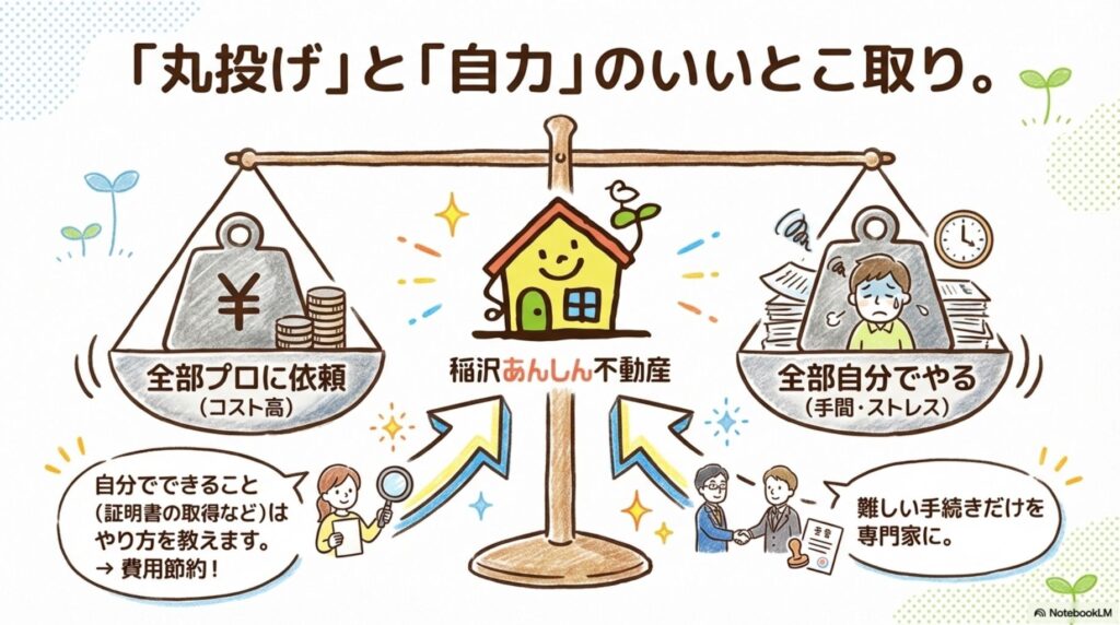 丸投げと自力のいいとこ取りを示す天秤のイラスト。左側は全部プロに依頼でコスト高、右側は全部自分でやると手間・ストレス。中央に稲沢あんしん不動産があり、自分でできること(証明書の取得など)はやり方を教え費用節約、難しい手続きだけを専門家に依頼するバランス型サポートを提案する稲沢市の相続支援サービス説明図。
