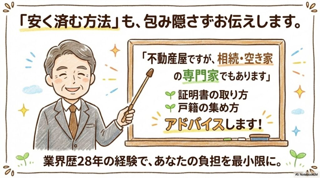 安く済む方法も包み隠さずお伝えすることを示すイラスト。黒板の前に立つ佐藤さんが、不動産屋ですが相続・空き家の専門家でもあり、証明書の取り方や戸籍の集め方をアドバイスすることで業界歴28年の経験であなたの負担を最小限にすることを説明する稲沢あんしん不動産のサポート方針の図解。