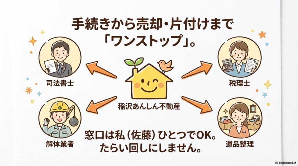 手続きから売却・片付けまでワンストップでサポートすることを示す相関図。中央に稲沢あんしん不動産があり、司法書士、税理士、解体業者、遺品整理業者など専門家ネットワークと連携。窓口は私(佐藤)ひとつでOK、たらい回しにしないワンストップ対応を強調する稲沢市の相続不動産総合サポート体制の説明図。