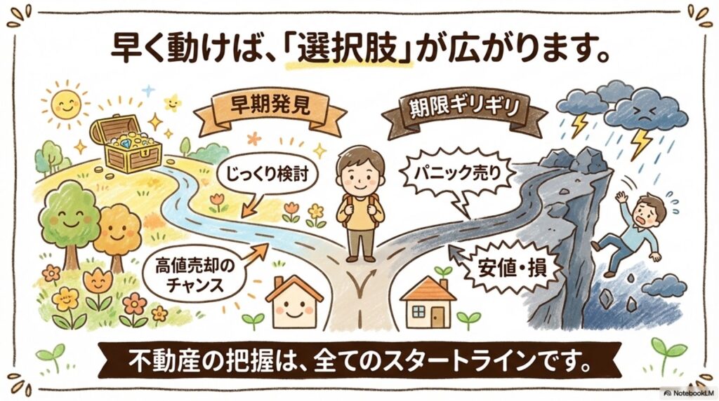 早く動けば選択肢が広がることを示す分岐路のイラスト。左側の早期発見ルートではじっくり検討、高値売却のチャンス、宝箱のイメージ。右側の期限ギリギリルートではパニック売り、安値・損、暗い道のイメージ。不動産の把握は全てのスタートラインであることを強調する稲沢市の相続タイミング重要性の図解。
