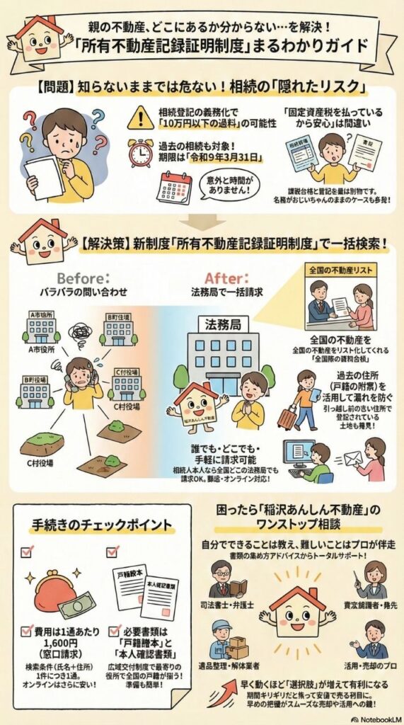 親の不動産どこにあるか分からないを解決する所有不動産記録証明制度まるわかりガイドの縦長インフォグラフィック。上部に問題(知らないままでは危ない相続の隠れたリスク、相続登記の義務化で10万円以下の過料の可能性、過去の相続も対象で期限は令和9年3月31日)、中央に解決策(新制度で一括検索、Before/After比較図、過去の住所も活用)、下部に手続きのチェックポイント(費用は1通あたり1,600円、必要書類は戸籍謄本と本人確認書類)と困ったら稲沢あんしん不動産のワンストップ相談、早く動くほど選択肢が増え有利になることを強調した稲沢市の相続登記完全ガイド。