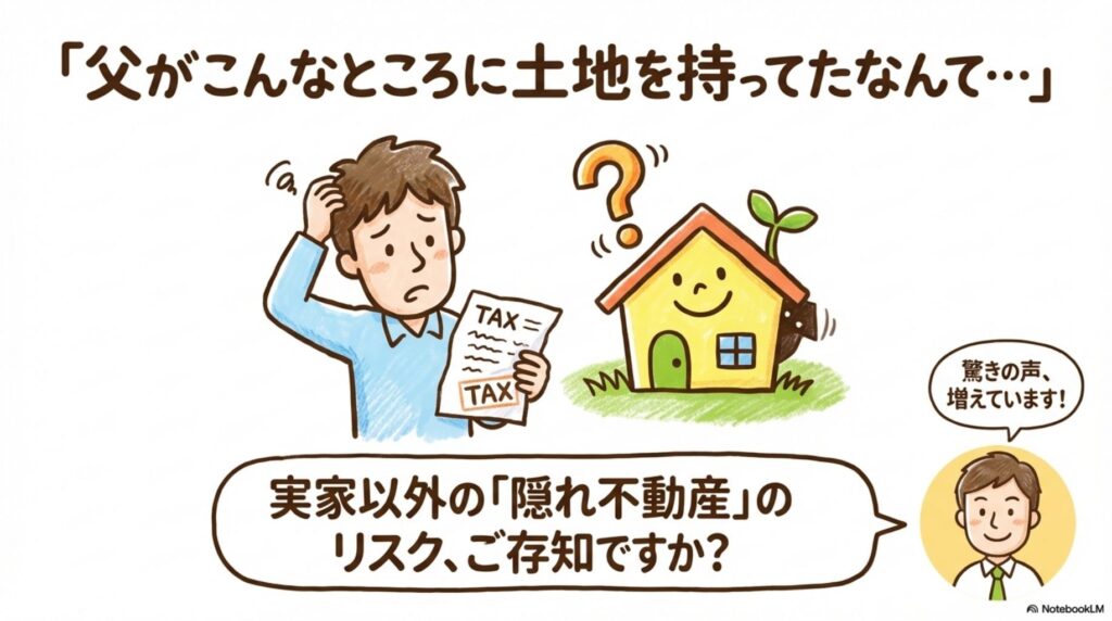 父がこんなところに土地を持っていたなんて知らなかったと驚く男性のイラスト。TAXと書かれた納税通知書を持ち、知らない場所にある不動産を示す家のイラストが描かれている。実家以外の隠れ不動産のリスクを解説する稲沢市の相続専門家による図解。