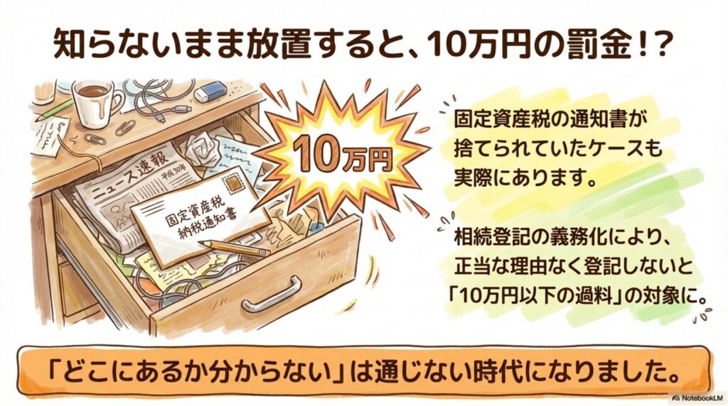 知らないまま放置すると10万円の罰金が科される可能性を警告するイラスト。引き出しの中に埋もれた固定資産税の納税通知書と、10万円の罰金表示。相続登記の義務化により正当な理由なく登記しないと10万円以下の過料の対象になることを説明する稲沢市の不動産相続ガイド画像。