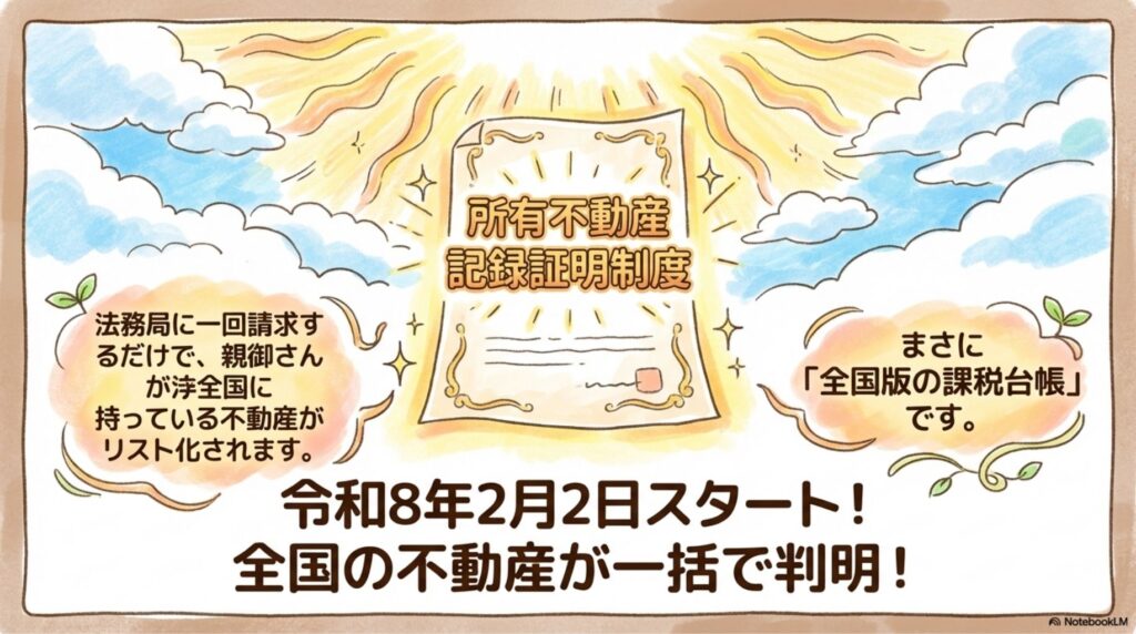 所有不動産記録証明制度が令和8年2月2日にスタートしたことを示すイラスト。輝く証明書のイメージと、法務局に一回請求するだけで親御さんが全国に持っている不動産がリスト化されることを説明。まさに全国版の課税台帳であることを強調する稲沢市の相続登記サポート資料。