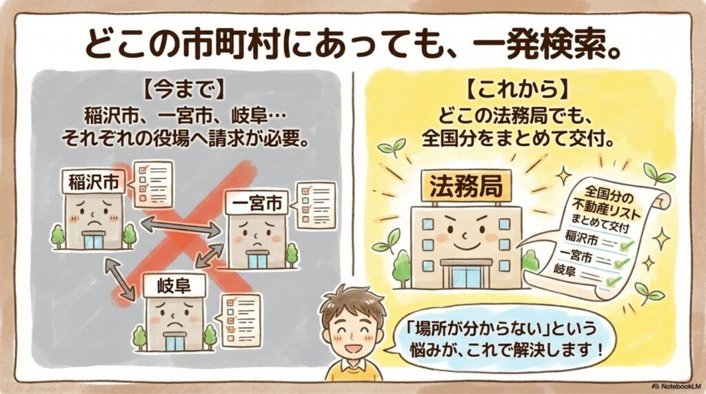 どこの市町村にあっても一発検索できることを示す比較図。左側は従来の方法で稲沢市、一宮市、岐阜県それぞれの役場へ請求が必要だったことを示し、右側は新制度でどこの法務局でも全国分をまとめて交付できることを図解。場所が分からないという悩みが解決することを示す稲沢あんしん不動産の説明資料。