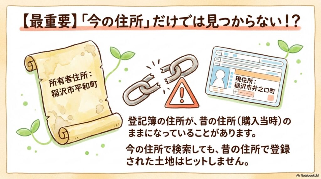最重要ポイントとして今の住所だけでは見つからない可能性を警告するイラスト。登記簿の住所が購入当時の昔の住所(稲沢市平和町)のままになっており、現住所(稲沢市井之口町)で検索しても昔の住所で登録された土地はヒットしないことを、鎖が切れたイメージと注意マークで強調する稲沢市の相続登記解説図。