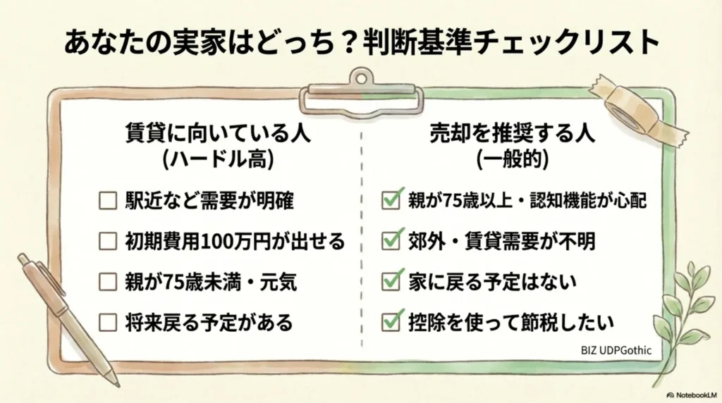「あなたの実家はどっち?判断基準チェックリスト」の図。左列「賃貸に向いている人(ハードル高)」:駅近で需要が明確、初期費用100万円が出せる、親が75歳未満・元気、将来戻る予定がある。右列「売却を推奨する人(一般的)」:親が75歳以上・認知機能が心配、郊外・賃貸需要が不明、家に戻る予定はない、控除を使って節税したい。