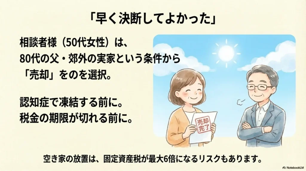 「早く決断してよかった」という結果の説明図。書類を持つ50代女性と佐藤代表のイラスト。「相談者様(50代女性)は、80代の父・郊外の実家という条件から売却を選択。認知症で凍結する前に。税金の期限が切れる前に。」と記載。空き家放置による固定資産税6倍リスクの注記あり。
