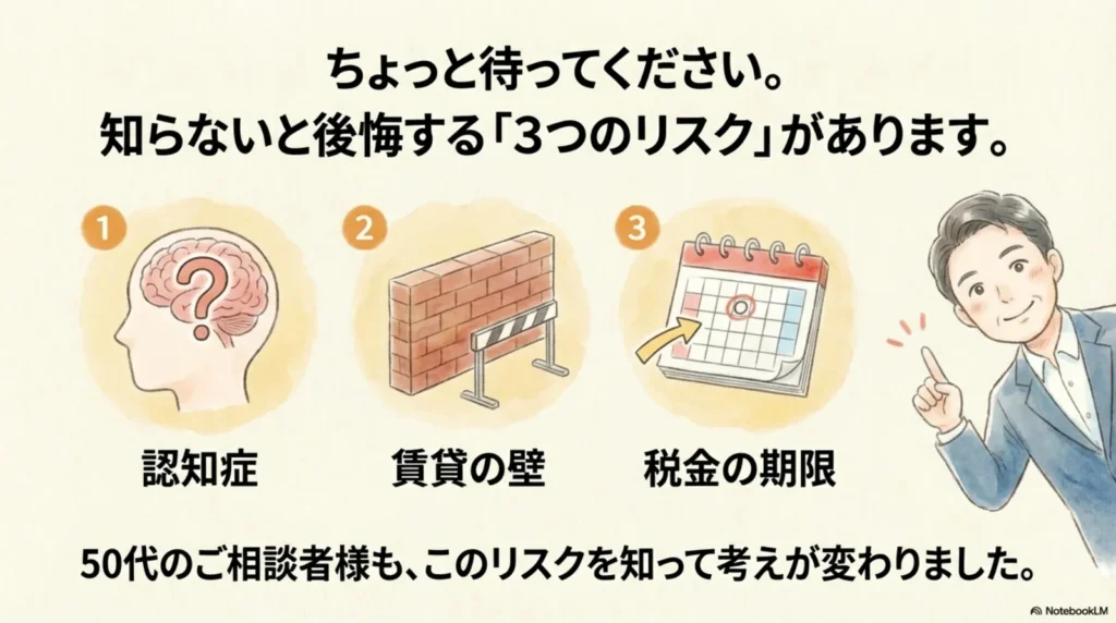 知らないと後悔する3つのリスクの概要図。①認知症(脳のイラスト)②賃貸の壁(レンガの壁)③税金の期限(カレンダー)のアイコンと、「50代のご相談者様も、このリスクを知って考えが変わりました。」と記載。