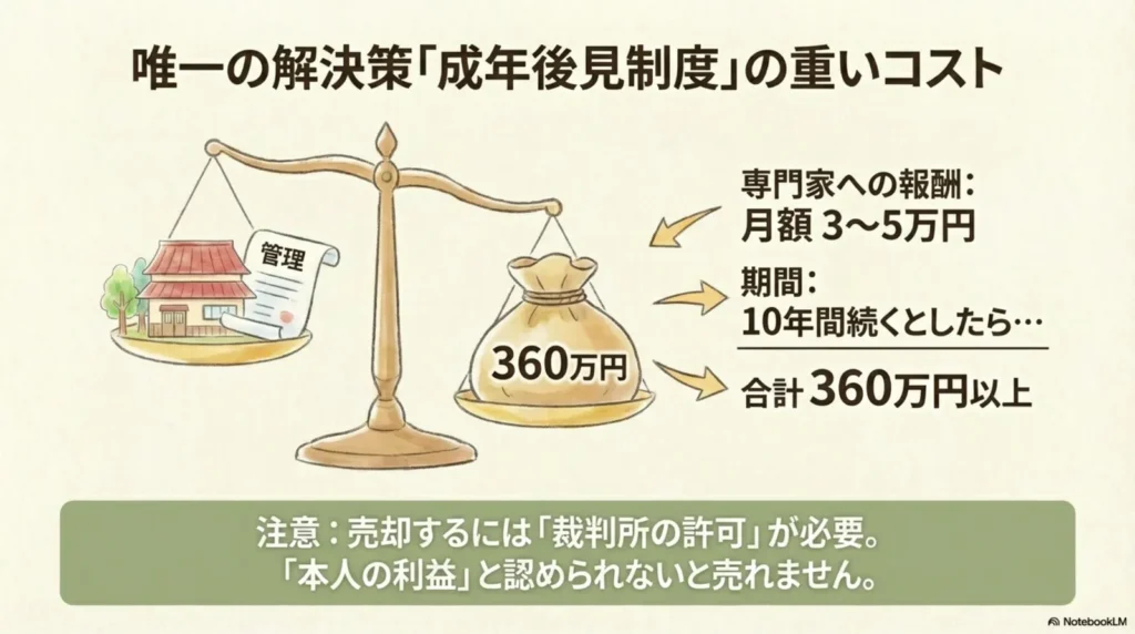 成年後見制度のコストを示す天秤のイラスト。左皿に「管理」の書類と家、右皿に「360万円」の金袋。「専門家への報酬:月額3〜5万円、10年間で360万円以上」と記載。「売却するには裁判所の許可が必要。本人の利益と認められないと売れません。」と注意書き。