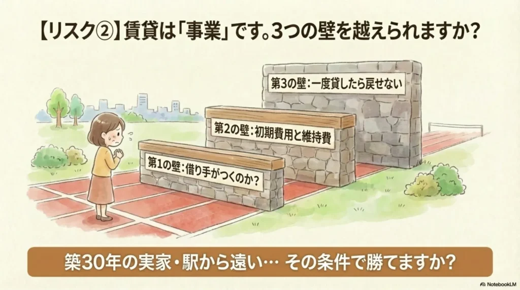 「リスク②賃貸は事業です。3つの壁を越えられますか?」の説明図。段階的に高くなる3つの壁のイラスト。第1の壁:借り手がつくのか、第2の壁:初期費用と維持費、第3の壁:一度貸したら戻せない。「築30年の実家・駅から遠い…その条件で勝てますか?」と記載。