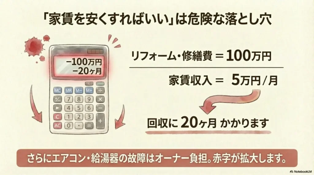 「家賃を安くすればいい」は危険な落とし穴、という収支計算の説明図。電卓のイラストに「-100万円、-20ヶ月」と表示。「リフォーム・修繕費=100万円、家賃収入=5万円/月、回収に20ヶ月かかります」「さらにエアコン・給湯器の故障はオーナー負担。赤字が拡大します。」と記載。