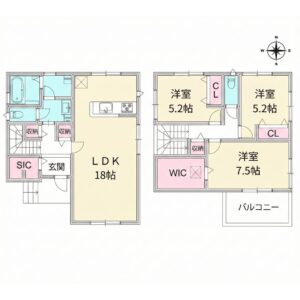 稲沢市北島町千野地の未入居中古一戸建の間取り図。3LDKで、1階は約18帖のLDKと対面式キッチン、玄関にはシューズインクローク（SIC）と収納あり。浴室・洗面・トイレがまとまった水回り配置。2階は洋室3部屋（約7.5帖、5.2帖、5.2帖）で、ウォークインクローゼット（WIC）と各室収納付き。南向きバルコニーがあり、ファミリー向けの使いやすい間取り。