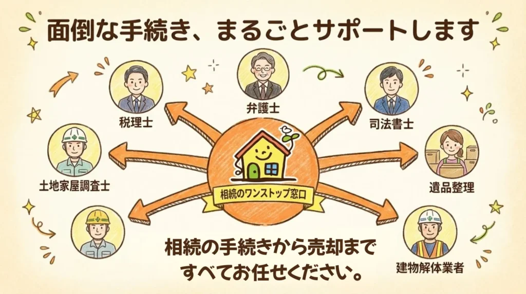 稲沢あんしん不動産のワンストップ窓口として税理士・弁護士・司法書士・土地家屋調査士・遺品整理・建物解体業者と連携する体制を示す図解
