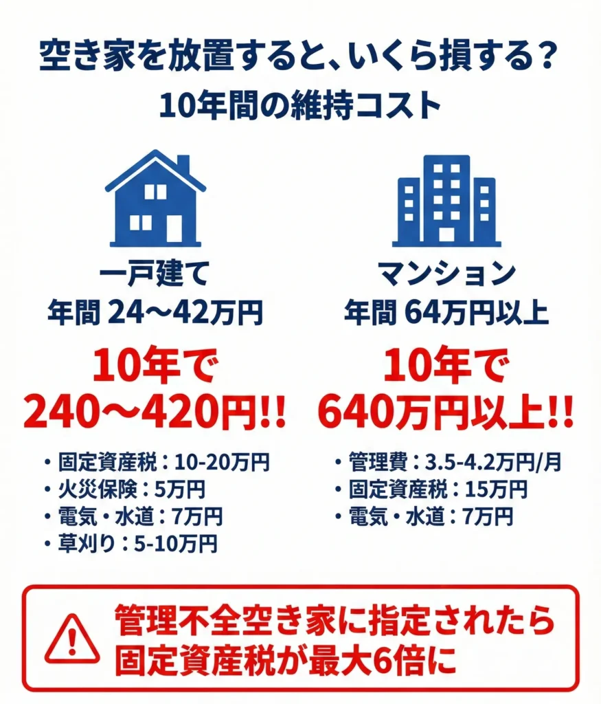 空き家放置の10年間コスト 一戸建て240万円から420万円 マンション640万円以上 稲沢あんしん不動産