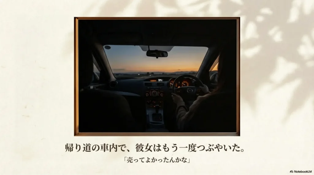 夕暮れ時の車内から見たフロントガラス越しの景色。運転席に座る女性の手がハンドルを握り、「帰り道の車内で、彼女はもう一度つぶやいた。売ってよかったんかな」というテキストが添えられている