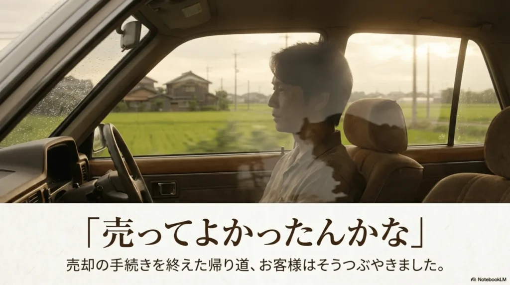 夕暮れの田園風景が広がる中、車の助手席から外を見つめる男性の横顔。「売ってよかったんかな。売却の手続きを終えた帰り道、お客様はそうつぶやきました」というテキストが添えられている