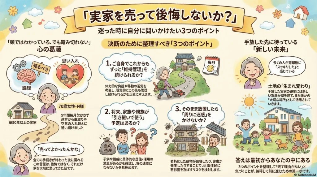 「実家を売って後悔しないか？迷った時に自分に問いかけたい3つのポイント」と題したカラフルなイラスト図解。左列に70歳女性N様のエピソードと心の葛藤、中央に3つの判断ポイント（維持管理・引き継ぎ・近隣への影響）、右列に売却後の新しい未来が描かれている