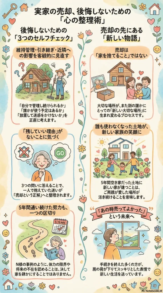 「実家の売却、後悔しないための心の整理術」と題したイラスト図解。左列に3つのセルフチェック（残していい理由・5年間の努力の区切り）、右列に売却後に待っている新しい物語（家が誰かの大切な場所になること・あの時売ってよかったという未来）がイラストで描かれている