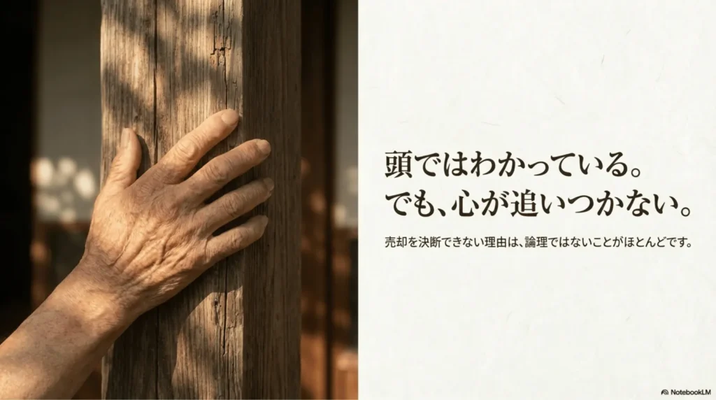 年老いた手が古い木製の柱にそっと触れている写真。「頭ではわかっている。でも、心が追いつかない。売却を決断できない理由は、論理ではないことがほとんどです」というテキストが添えられている