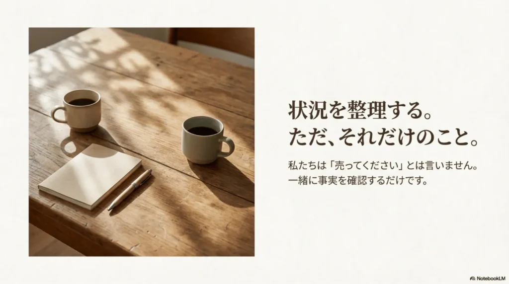 木製のテーブルの上に置かれたコーヒー2杯とノートと鉛筆の写真。「状況を整理する。ただ、それだけのこと。私たちは売ってくださいとは言いません。一緒に事実を確認するだけです」というテキストが添えられている