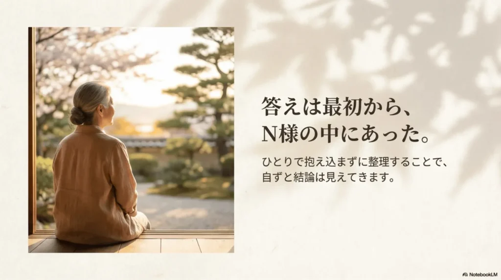 縁側に座り、桜が見える庭を静かに眺めている白髪の女性の後ろ姿。「答えは最初から、N様の中にあった。ひとりで抱え込まずに整理することで、自ずと結論は見えてきます」というテキストが添えられている