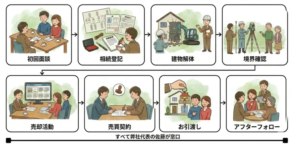 ワンストップサポートの流れ：初回面談から相続登記・建物解体・境界確認・売却活動・売買契約・お引渡し・アフターフォローまで