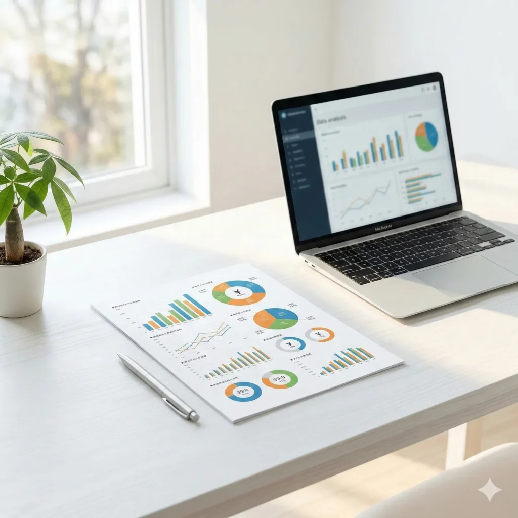 グラフ付きレポートとノートパソコンが並んだデスク