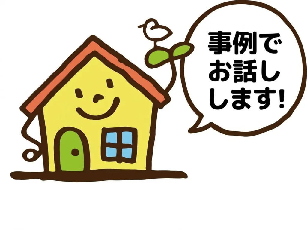 稲沢あんしん不動産のロゴキャラクターが売却事例を紹介するイラスト｜「事例でお話しします！」｜稲沢あんしん不動産

