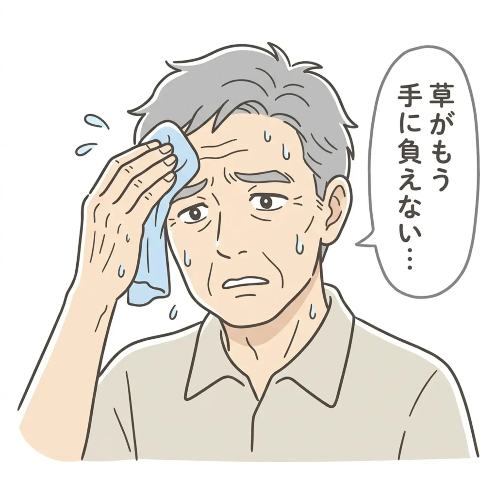 空き家の草刈りや管理の負担に困り果てている方のイラスト