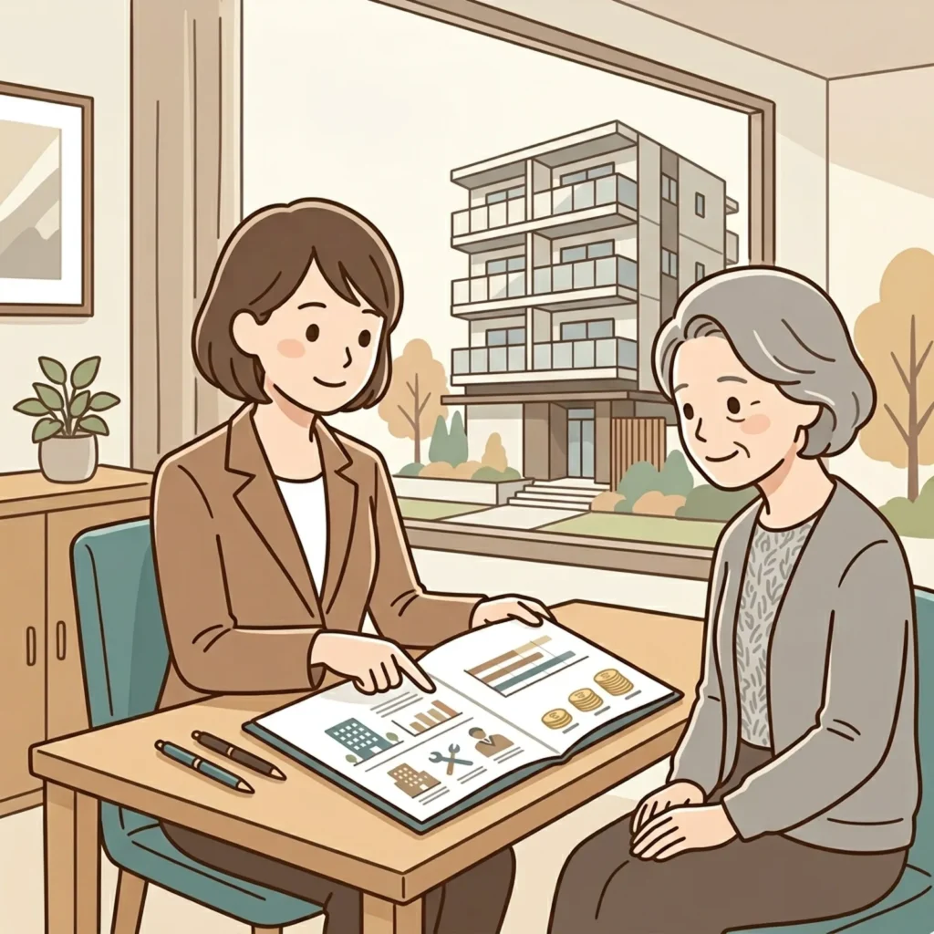 マンション売却相談で管理状況や修繕積立金を確認する様子のイラスト