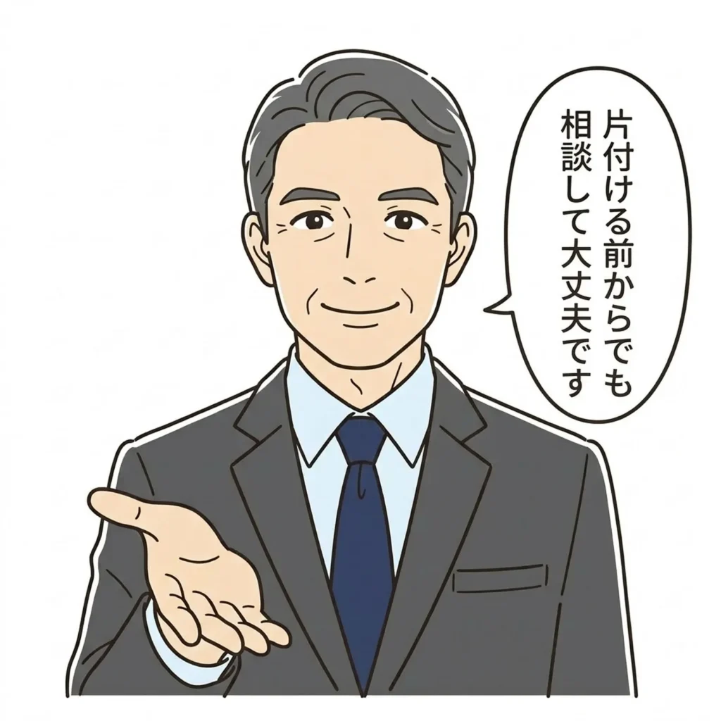 荷物の片付けが終わっていなくても空き家の相談ができることを伝える不動産の専門家のイラスト