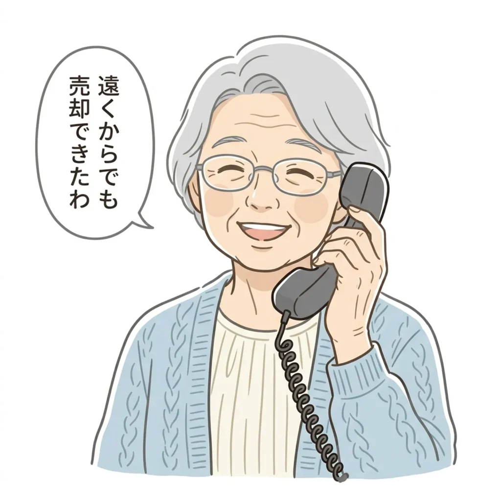 遠方から電話で稲沢市の空き家売却を相談し安心している方のイラスト