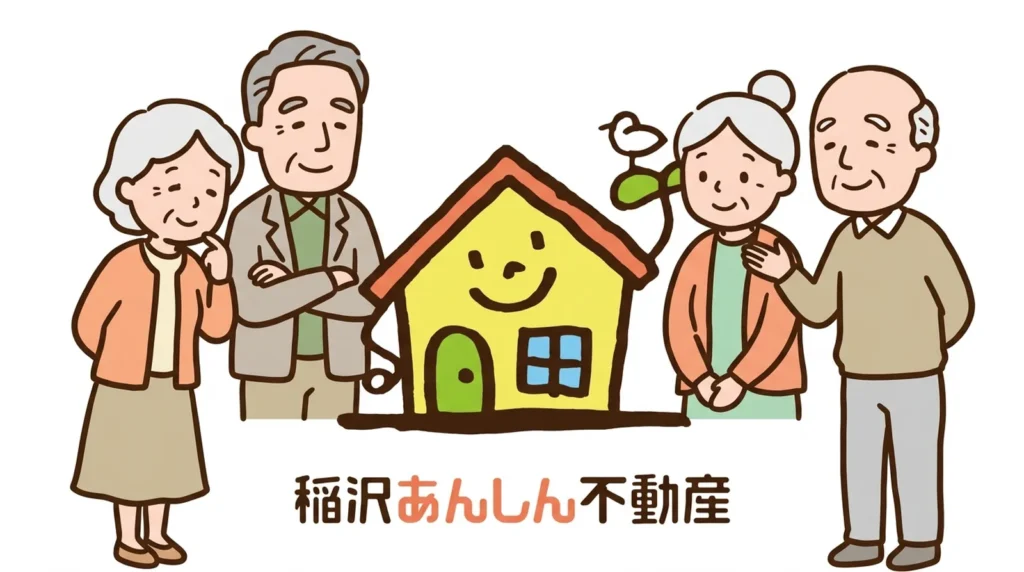 稲沢あんしん不動産のロゴキャラクターを囲んで地域のお客様が笑顔で集まるイラスト｜不動産売却相談で選ばれる理由｜稲沢あんしん不動産