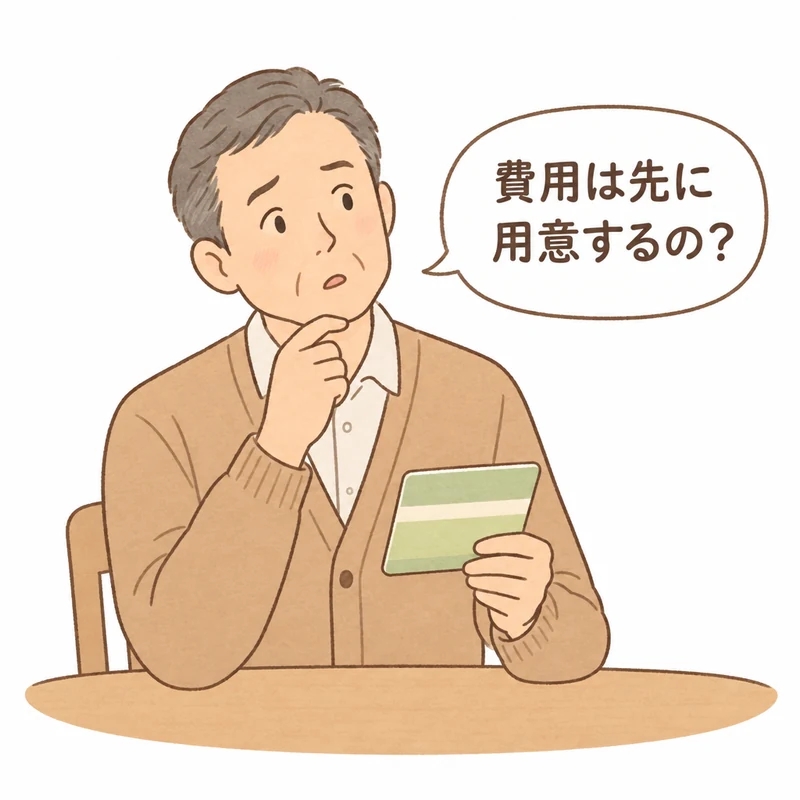 「費用は先に用意するの？」と、通帳を手に支払い時期を考える場面。