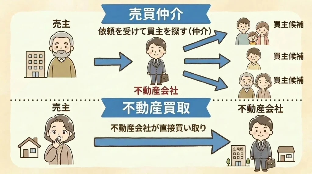 不動産売却における仲介と買取の違いを比較する見出し画像