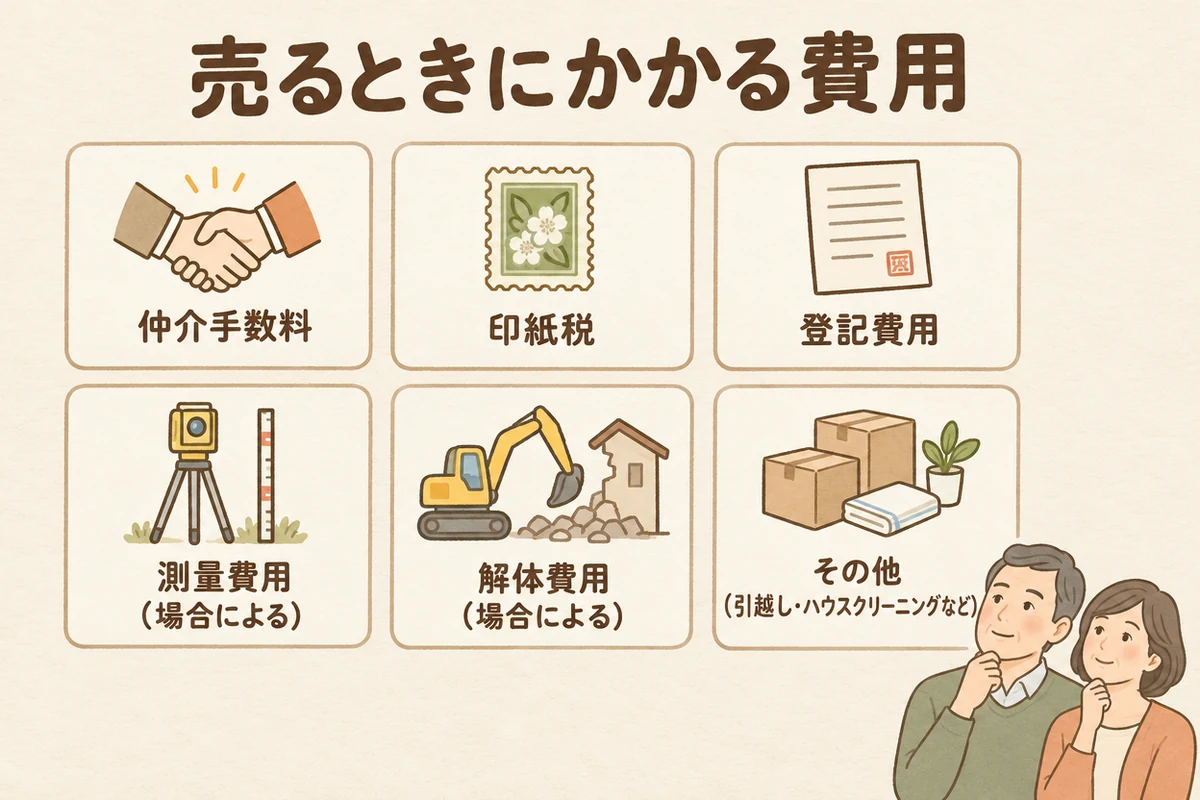 家を売るときにかかる費用を6項目で整理した図解。「売るときにかかる費用」の下、上段は左から仲介手数料、印紙税、登記費用。下段は左から測量費用（場合による）、解体費用（場合による）、その他（引越し・ハウスクリーニングなど）。