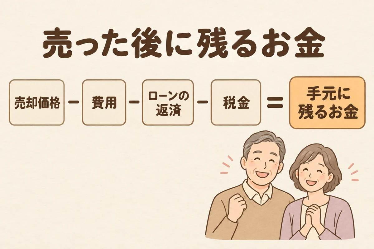 売った後に手元に残るお金の式を示す図解。見出しは「売った後に残るお金」。式は「売却価格－費用－ローンの返済－税金＝手元に残るお金」。