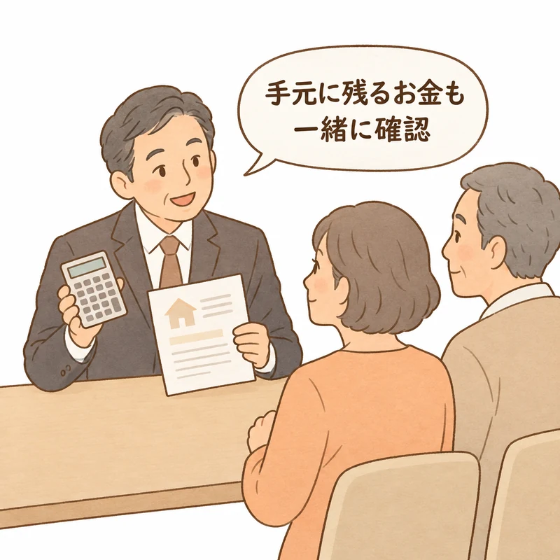 不動産売却の費用相談で、担当者が電卓と資料を示し「手元に残るお金も一緒に確認」と伝える場面。