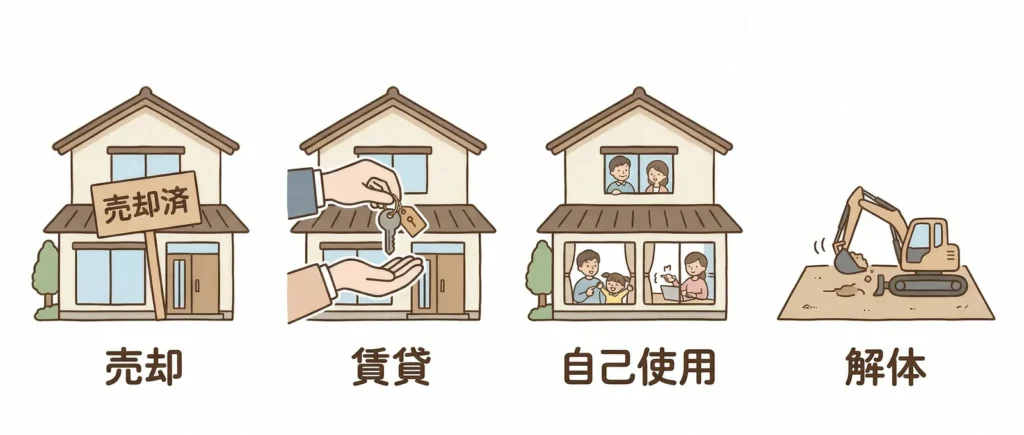 相続不動産の4つの選択肢（売却・賃貸・自己使用・解体）イラスト図解｜稲沢あんしん不動産