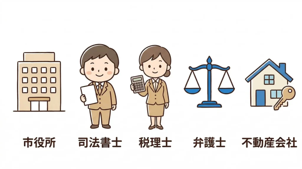相続相談ができる5つの窓口（市役所・司法書士・税理士・弁護士・不動産会社）のイラスト図解｜稲沢あんしん不動産