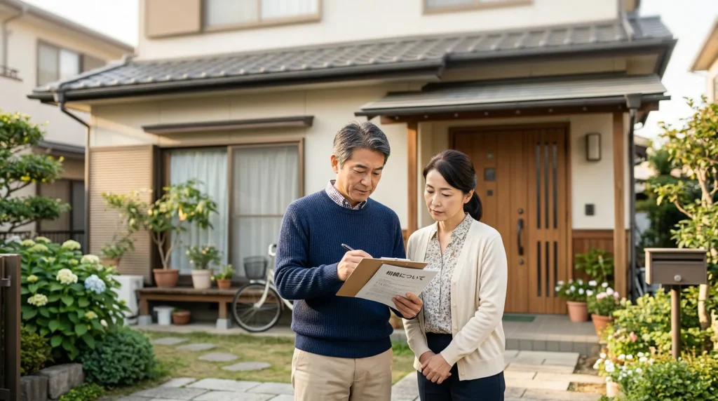 	相続した実家の前で書類を確認する夫婦の相談シーン｜稲沢あんしん不動産