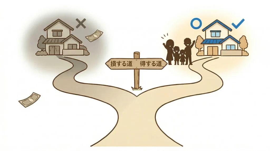 相続で損する道と得する道の分かれ道イラスト｜正しい相談先選びが結果を左右する｜稲沢あんしん不動産