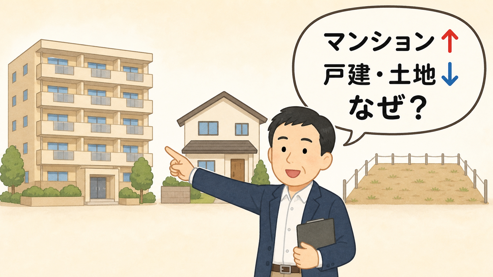マンション・戸建・土地の3物件アイコンとそれぞれの価格表示。マンションだけ高いコントラストのイラスト