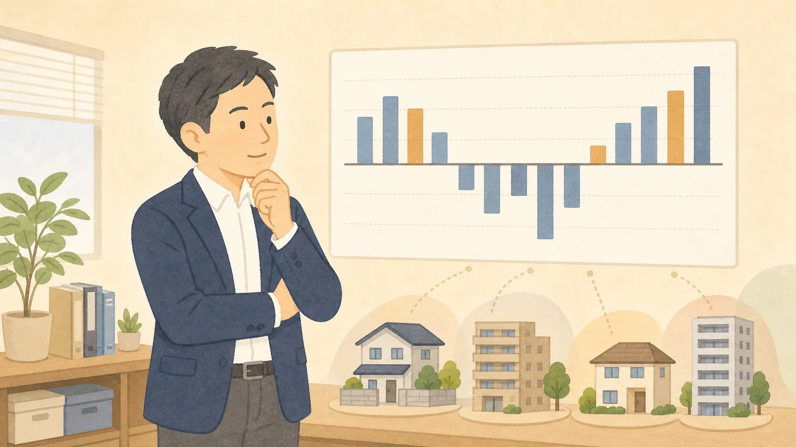 不動産屋風の40代男性がオフィスで月次の成約件数の棒グラフを見ているイラスト