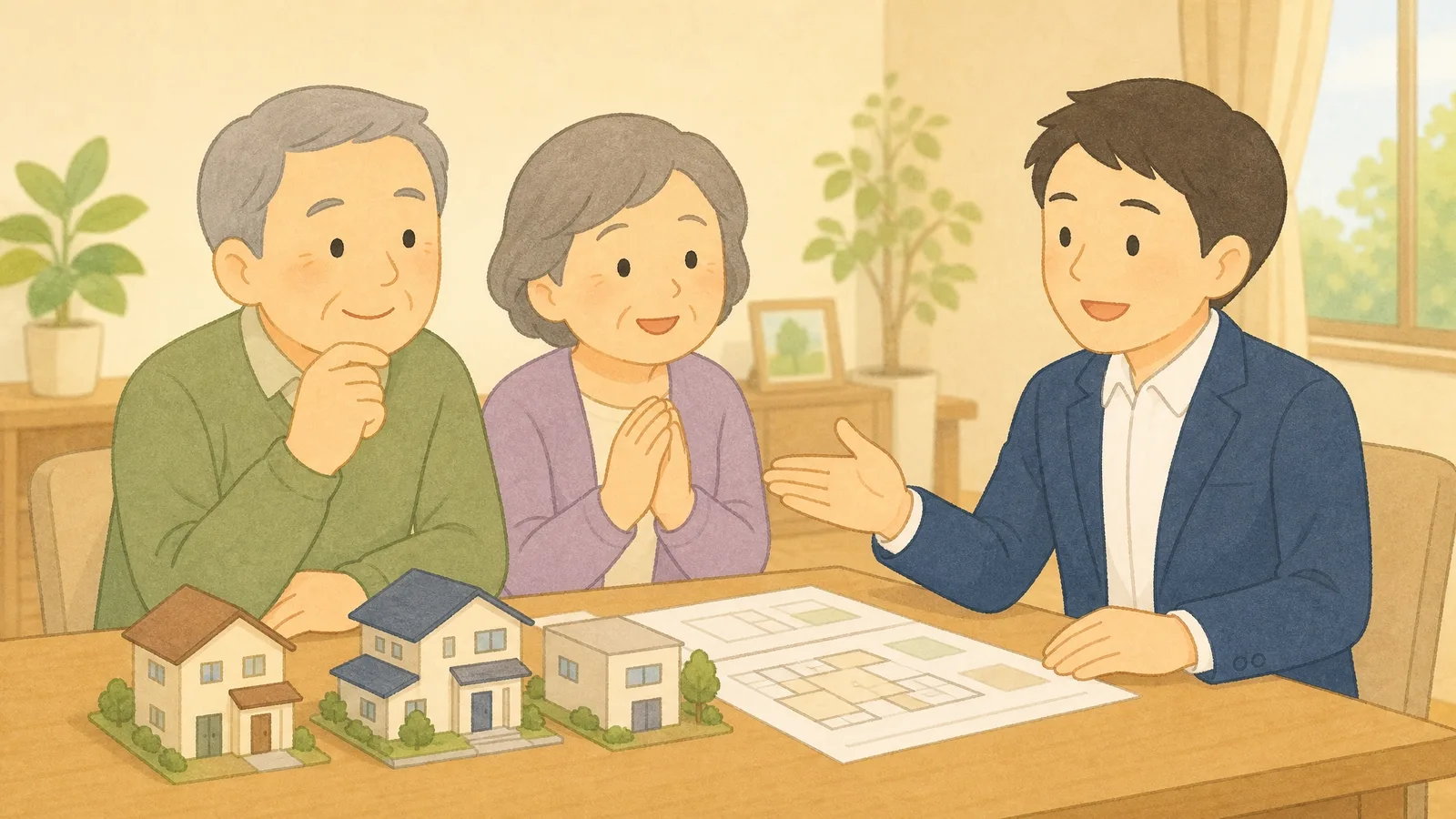 60代の夫婦が不動産屋の男性に売却タイミングを相談している前向きな場面のイラスト