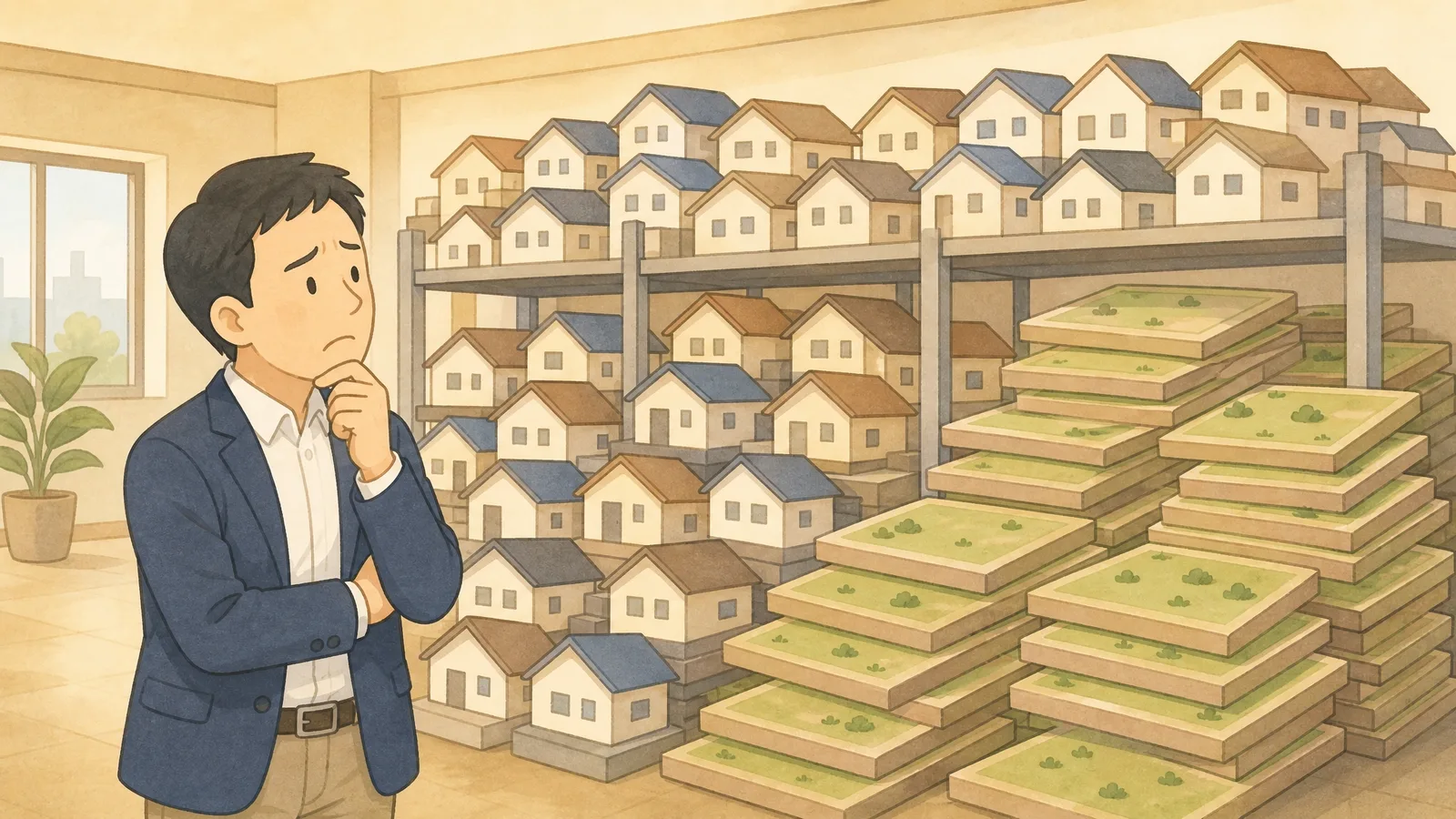 不動産屋風の40代男性が家・土地アイコンが積み上がった在庫を困った表情で見ているイラスト
