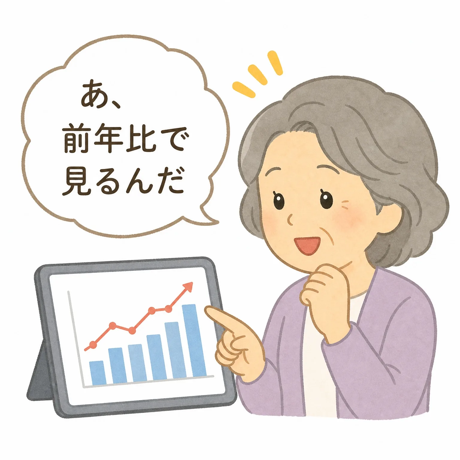 60代女性が前年同月比のグラフを見て「あ、前年比で見るんだ」と気付く挿絵