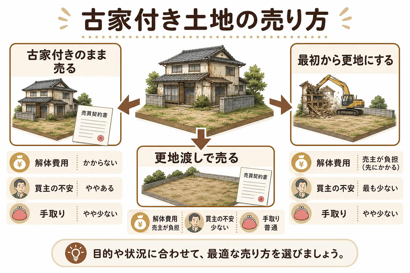 古家付き土地の売り方3パターンを比較する図解